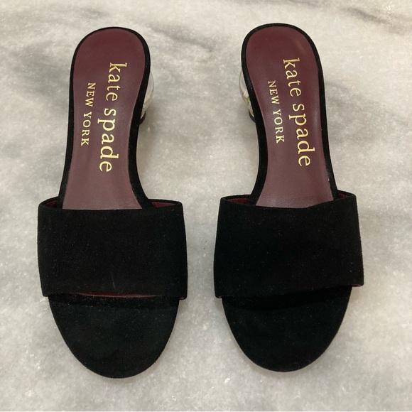 KATE SPADE NY Polished Black Suede Open Toe Snow Globe Clear Ball Heel Sandals - Picture 3 of 13